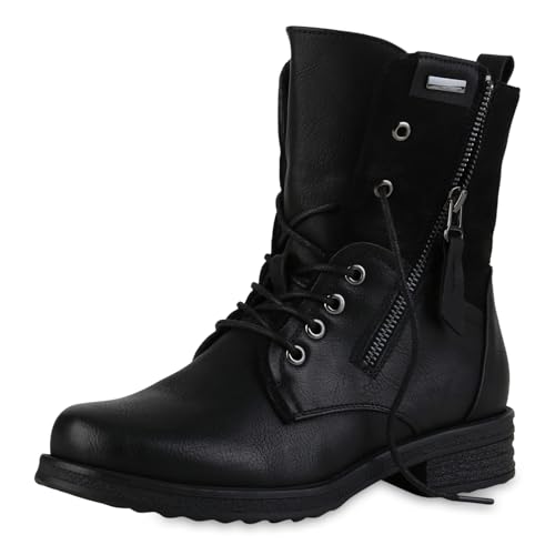 VAN HILL Damen Schnürstiefeletten Blockabsatz Zipper Trendy Schuhe 216379 Schwarz 36