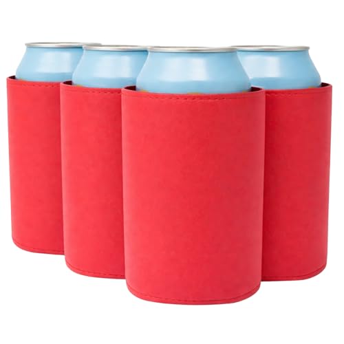 Image of TahoeBay Leatherette Can Cooler Sleeves in Bulk, 12-Pack, Red | Blank Faux Leather, Plain Neoprene Beer Coolers for 12 oz Cans, Blanks for Heat Transfer Vinyl, Groomsmen Gifts, Party Favors