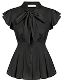 Belle Poque Women's Bow Tie Neck Ruffle Sleeveless Solid Blouse Shirts Tops Office Blouse Tops Black
