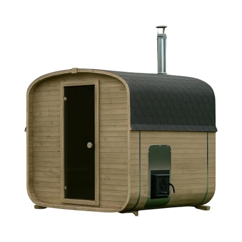 Gardj Sauna per sauna da giardino e esterni, in abete nordico, diverse misure (2-6 persone), a scelta con forno a legna o elettrico, set di accessori (180 cm, quadrato, stufa a legna)