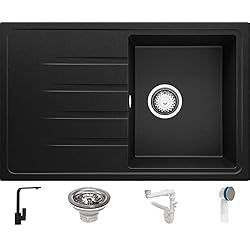 Fregadero Imitacion Piedra Fregadero Cocina 78 x 50 cm, Fregadero Granito Un Seno + Grifo + Sifón Clásico, Fregadero Empotrado con Escurridor Milán de Primagran, Negro
