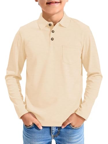 Image of Haloumoning Boys Long Sleeve Polo Shirts Kids Casual Button School Uniform Shirts with Chest Pocket 5-14 Years
