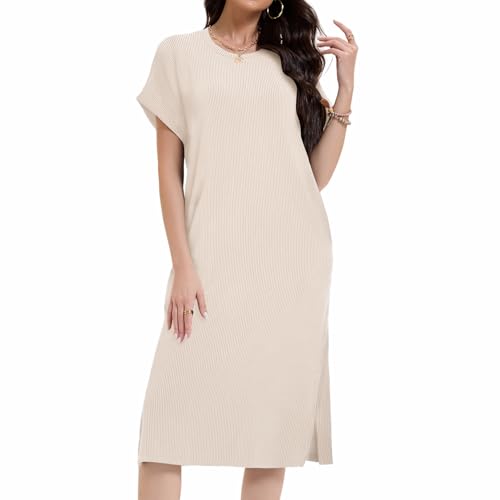 Image of Womens Casual T Shirt Dress Summer Fall Crewneck Loose Fit Side Split Knee Length Dress Ribbed Pattern with Pockets