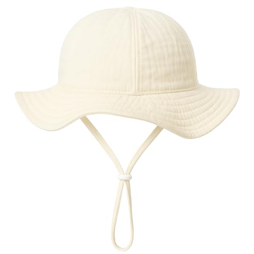 Fohuanky Sombrero de Sol para bebé de algodón con ala Ancha, Gorro Ligero de Verano con Correa Ajustable para la Barbilla, para niños y niñas de 3 a 12 Meses (FR/ES, Edad, 3 Meses, 12 Meses, Beige)
