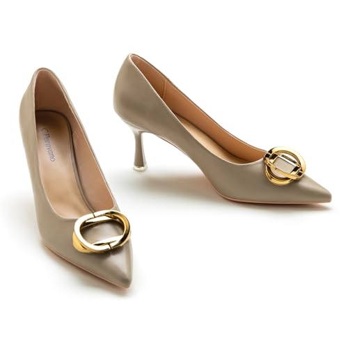 C.Paravano Chic All-Day Stiletto Pumps | Metal Buckle Accent Heels | Slip-On Comfort for Meetings, Cocktails & Weddings | Pair w/Tailored Trousers or Midi Dresses(Camel,Size 6)