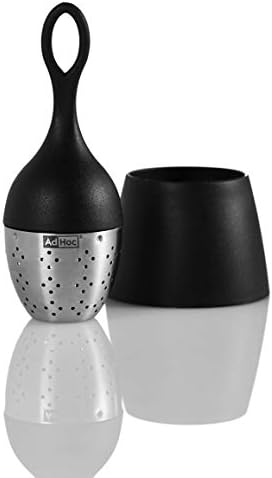 AdHoc TE01 FLOATEA Floating Tea Infuser | Stainless Steel/Plastic | Loose Leaf Tea Filter, With Drip-Collector Stand, Easy Refill | (H) 130 mm x (D) 40 mm | Black