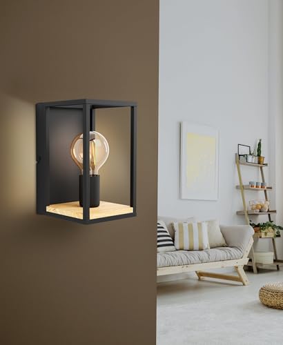 Aplique de pared de metal negro y madera con interruptor para iluminación interior 4