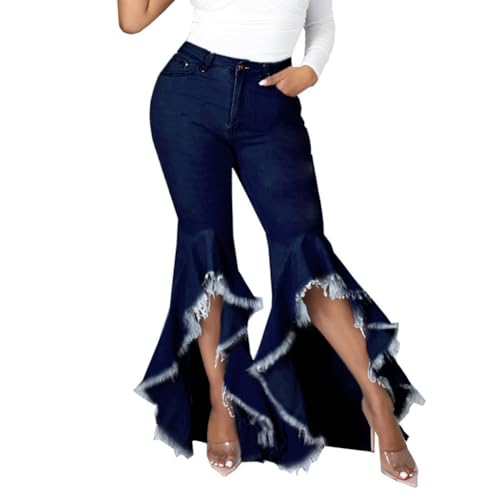 Curvy Jeans for Women Stretchy High Rise Streetwear Frayed Hem Bell Bottom Flare Jeans