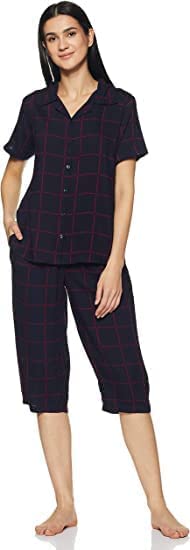 Image of Longies Women's Rayon Pyjama Night Suit Regular Capri Set ((LGRCSSY011 Purple Small) S)