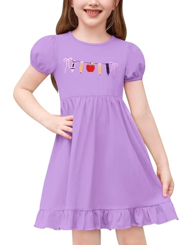 ODASDO Girls Back to School Dress Apple Pencil Embroidered Short Sleeve Ruffle Swing Twirly Dress Summer Outfit