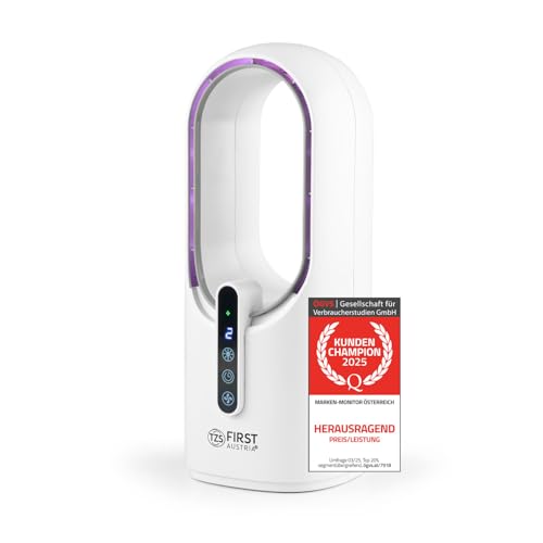 TZS First Austria - Akku Tischventilator - 5W - 3 Stufen & Timer - Leiser Turboloser Ventilator mit 7-Farben Nachtlicht & USB-C - Touch-Bedienung - Weiß