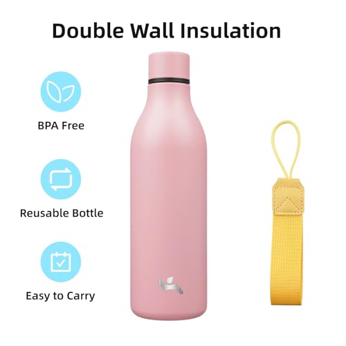 Image of Konokyo Insulated Water Bottle with Strap,25 oz Double Wall Stainless Steel Vacuum Bottles Metal Water Flask,Light Pink