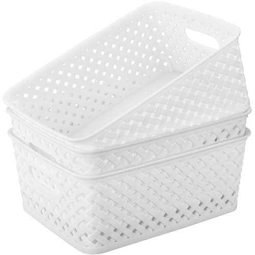 Image of MaxGear Organization and Storage 3 Packs, Plastic Bins Organizer Bins, Woven Baskets for Storage, Plastic Baskets with Handles White Basket for Organizing, Basket Organizer for Home and Office, Medium
