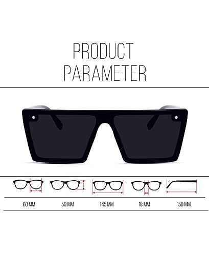 Image of Square Sunglasses for Men & Women UV400 Stylish Flat Top Fashion Black Shades