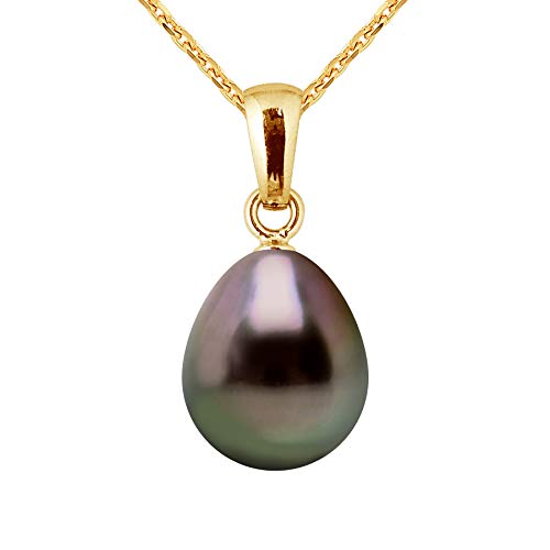 PEARLS & COLORS - Pendentif Véritable Perle de Culture de Tahiti Poire 9-10 mm - Qualité A+ - Disponible en Or Jaune et Or Blanc - CHAINE OFFERTE - Bijou...