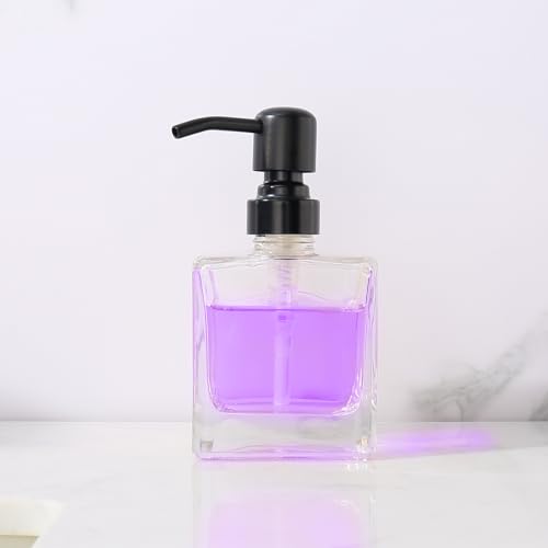 Image of Square Bathroom Soap Dispenser Black, 8.4 oz Glass Bottles with Stainless Steel Pump Cube Liquid Hand Soap Dispenser Kitchen