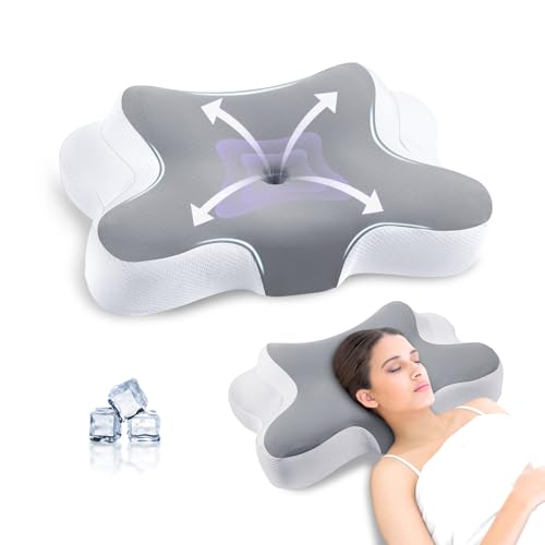 JINXIA Nackenkissen Kopfkissen, Ergonomisches Kopfkissen, Memory Foam-Kissen mit Abnehmbarem Kissenbezug für Seiten-, Rücken- und Bauchschläfer, Grauweiß