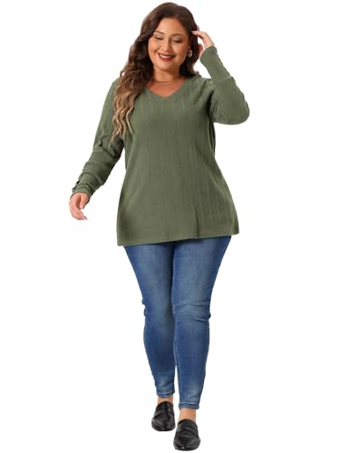 Image of Agnes Orinda Plus Size Knit Tops for Women Long Sleeve V Neck Button Stretch Casual Pullover Sweater Blouses