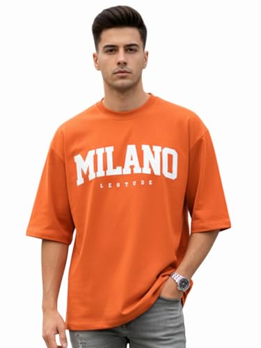 Image of LEOTUDE Half Sleeve Oversized Tshirt for Men, Round Neck Cottonblend Drop Shoulder Printed T-Shirt (Black Color)