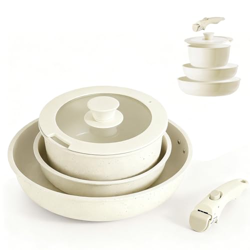 Zinueen Batterie de Cuisine en Céramique – Set de Poêles et Casseroles Antiadhésives avec Poignée Amovible et Couvercles 3 en 1, Compatible Tous Feux, Induction, Four et Lave-Vaisselle