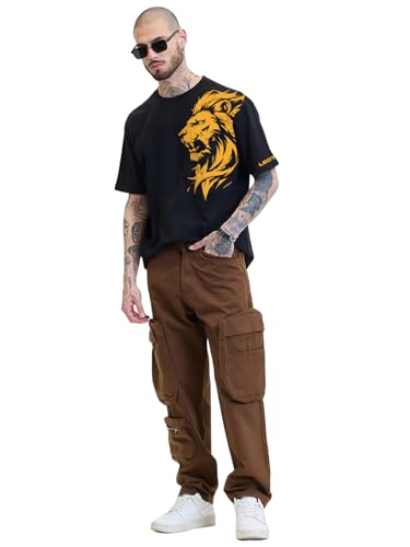 Image of LEOTUDE Men Oversized Graphic T-Shirt, Lion Print Cotton Half Sleeve Round Neck Casual T-Shirt for Men's (Color : Black)