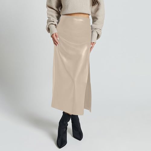 Womens Long Faux Leather Side Slit Skirt Solid Color Bodycon High Waist Slim Pencil Midi Skirt 2025 Trendy2