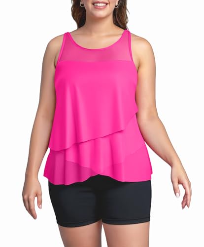 Womens Plus Size Tummy Control Tankini Swimsuits, High Neck Mesh Layered Bathing Suits, Modest Shorts Swimwear 20254
