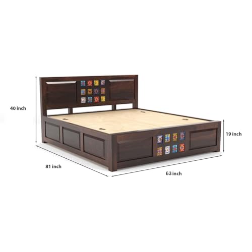 Image of SONA ART & CRAFTS Taurus Solid Sheesham Wood King Size Bed with Storage Box | Bed King Size Cot | Rajasthani Jodhpuri Tile Double Bed with Box for - Walnut Finish (Assembly Included)