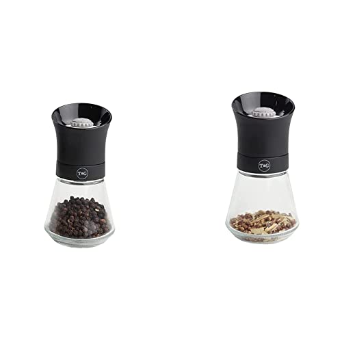 T&G CrushGrind Tip Top Pepper/Peppercorn Mill with Glass Base, 12.5 cm, Black/Gourmet Fully Adjustable Ceramic Manual Grinder & CrushGrind Spice Mill with Removable Glass Base, 12.5 cm, Black