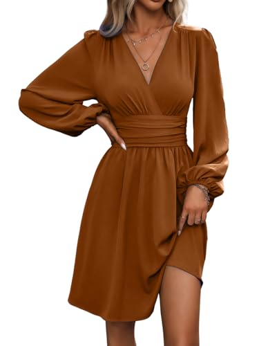 LIAMERHE Mini Robe Femme Manches Longues Col V Chic et Elegant Robes Manches Lanternes Automne et Hiver A-Line Casual Robe Casual pour Fête Noël Mariage Caramel M