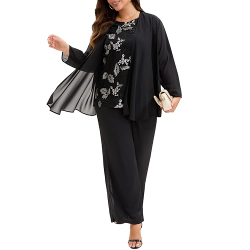 Plus Size Mother of The Bride Pant Suit 3 Piece Lace Set with Sequin Tank Elegant Wedding Guest Formal Outfit