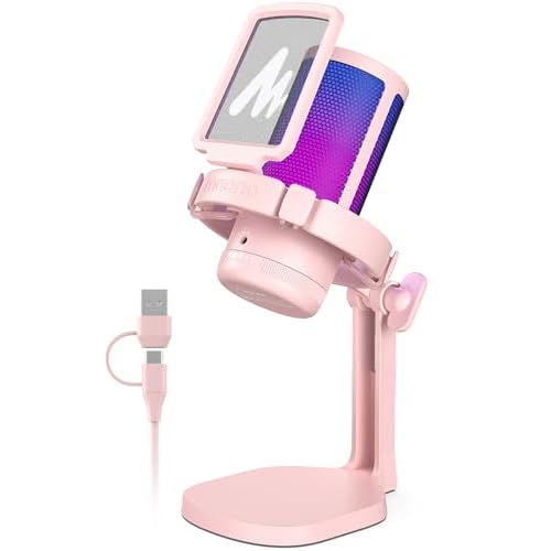 MAONO Gaming Microphone with Noise Cancellation, USB Condenser Mic for Streaming, Podcast, Twitch, YouTube, Discord, PC Desktop Computer Mic for PS5, GamerWave DGM20 Pink