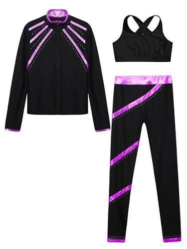 Kids Girls 3Pcs Skating Gymnastics Performance Sportsuit Sleeveless Crop Top Zipper Jacket and Leggings Set3