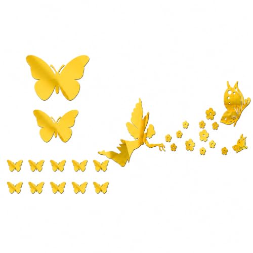 ARYIMYDP 28 pièces stickers muraux miroir acrylique doré, papillons et anges autocollants 3D, décoration murale amovible pour salon chambre couloir enfant déco dorée maison fête murale