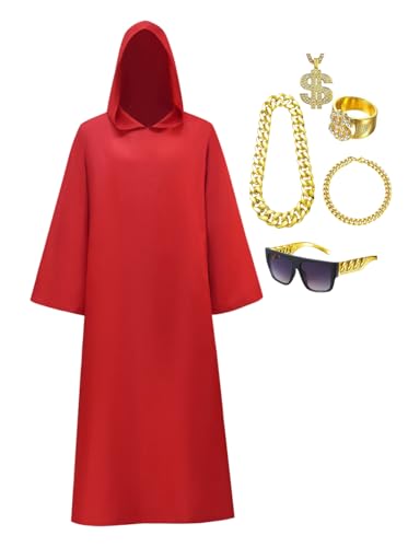 Ocpiley Shadow Wizard Money Gang Costume Mens Halloween Hooded Robe with Gold Chain Accessories Red/Purple/Green/Yellow (Red Medium)