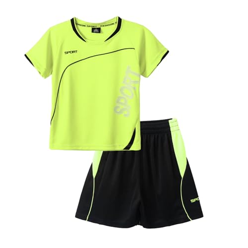 inhzoy - inhzoy Enfant Garçon Ensemble de Sport Football 2 Pièces Gymnastique Gym T-Shirt Sechage Rapide Manches Courtes Col Rond et Short de Jogging Running 7-14 Ans Vert fluo 7-8 ans