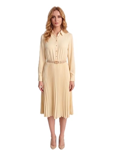 Image of Business Casual Shirt Dress for Women Long Sleeves Pleated Midi Dresses with Belt