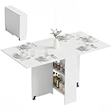 HOMCOM Mesa Plegable de Comedor Mesa de Cocina Plegable con Ruedas Alas Abatibles y Estantes para 4-6 Personas 75x140x74 cm Blanco