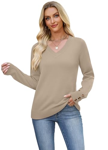 Image of WIHOLL Lightweight Sweaters for Women Long Sleeve V Neck Knit Outfits with Decorative Buttons