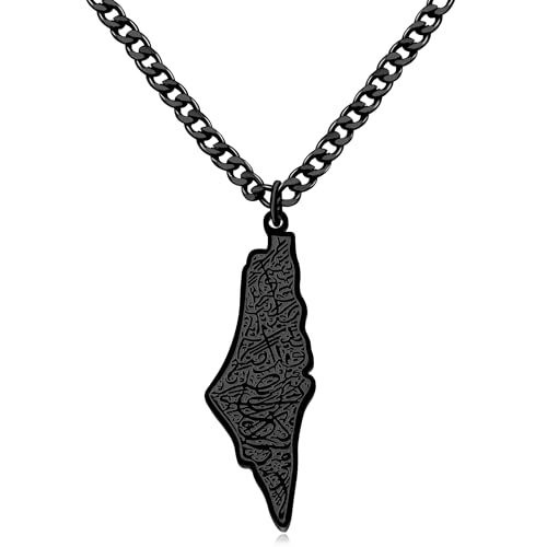 JunyiDIY Noir Carte Palestine Lettres Arabes Pendentif Collier Acier Inoxydable Bijoux Musulman Pour Hommes Et Femmes YA5136