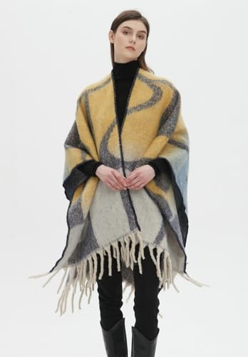 Rungion Women's Warm Fringe Shawl Wraps Knitted Cape Poncho Thickened Fall/Winter Long Scarf Open Front Blanket Cardigan Coat3