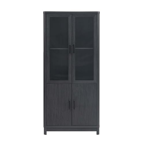 Manhattan Comfort Jodie - Estantería con 6 estantes ajustables, puertas de vidrio templado y detalles de madera acanalada, estante moderno de mediados de siglo para almacenamiento en casa, oficina y