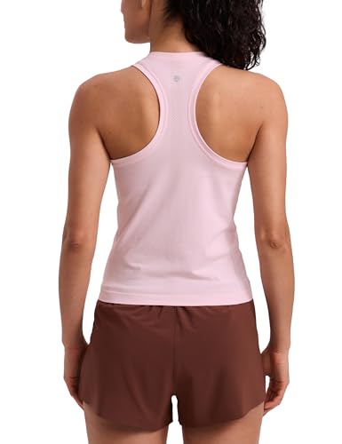 CRZ YOGA Seamless Workout Tank Tops for Women - Athletic Running Gym Sleeveless Shirts Crewneck Racerback Breathable Strawberry Pink Medium