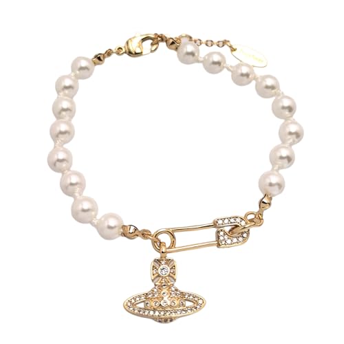 Saturn Pearl Bracelet for Women Planet Jewelry Pin Saturn Accessories for Women Saturn Charm Bracelet with Zirconia, Jewelry Gift for Mother Wife Daughter for Anniversary Birthday