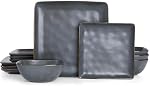 Richmount Dinnerware Ensembles pour 4, Place des océans 12-Piece Assiette de cuisine et bols, Micro-ondes et lave-vaisselle Coffre-fort, Résistant aux rayures, Noir mat
