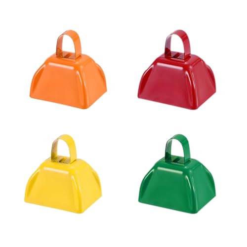 HEYLEAYAR 3Inch Cowbells Set for Sporting Events, 4Pcs Small Cow Bells Loud Noise Makers with Handle for Cheering Football Games Marathon Weddings Party Noisemakers, Yellow & Red & Orange & Green