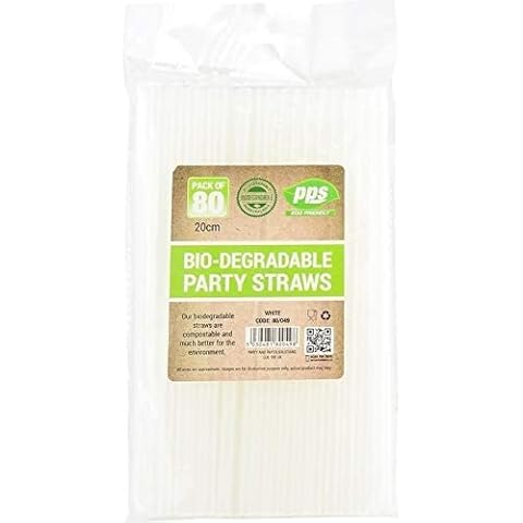 80 x White Biodegradable Compostable Drinking Party Straws BPA Free Plant Based Eco 8" (20cm) approx Cover
