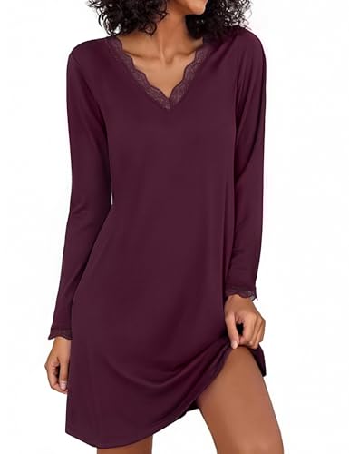 Demegimi Camisón Manga Larga Mujer de Encaje Camison Algodon Tallas Grandes Cuello en V Camison de Mujer para Dormir