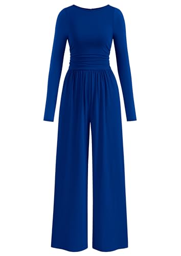 PRETTYGARDEN One Piece Jumpsuits for Women Dressy Casual Long Sleeve Crewneck Wide Leg Romper Overalls Fall Outfits 2025 (Royal Blue, M)