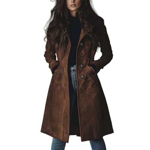 Wildlederjacke für Damen, Herbst, Retro, zweireihig, klassisch, Revers, schmal, Damen-Mantel, Wildlederimitat, eleganter langer Trenchcoat aus...